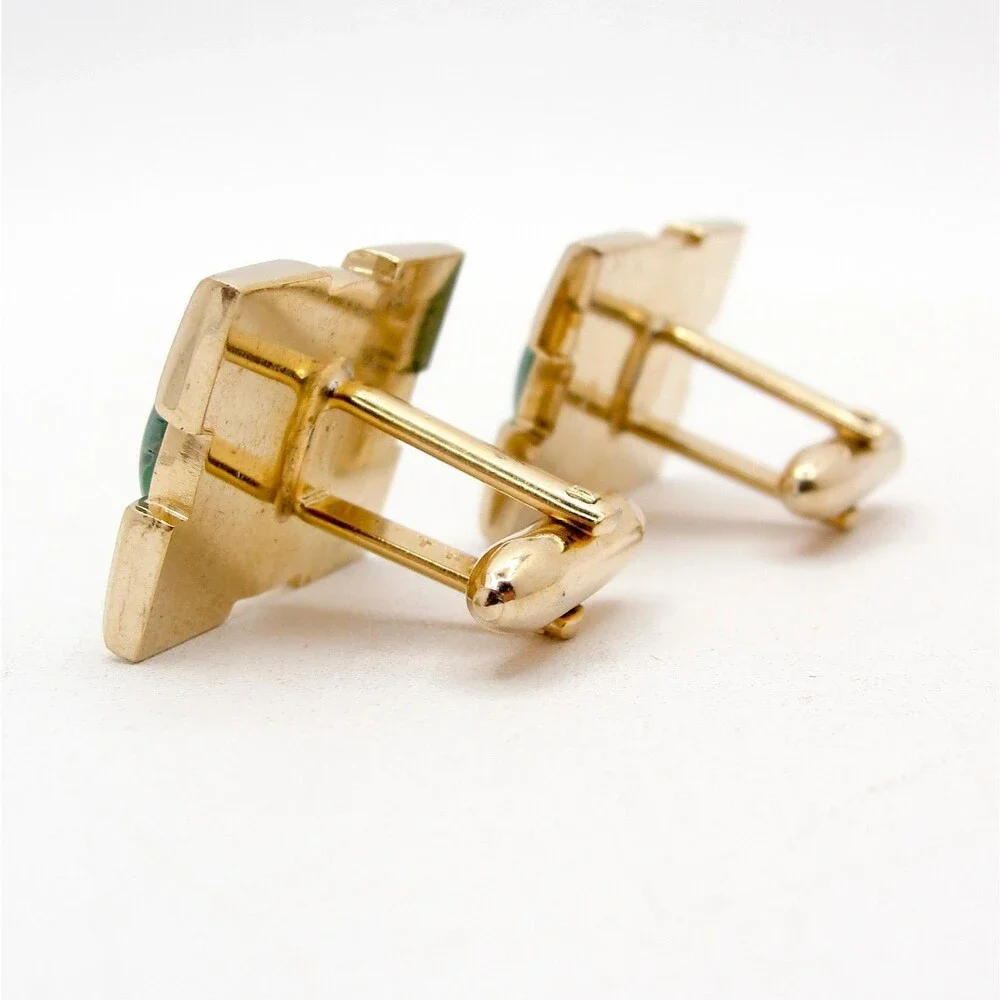 Vintage Hickok Cufflinks Gold Tone Green Slag Marbled Cabochon MCM Groom Formal